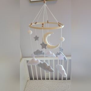 Gender nuetral boy girl felt baby mobile clouds moon stars grey white wood